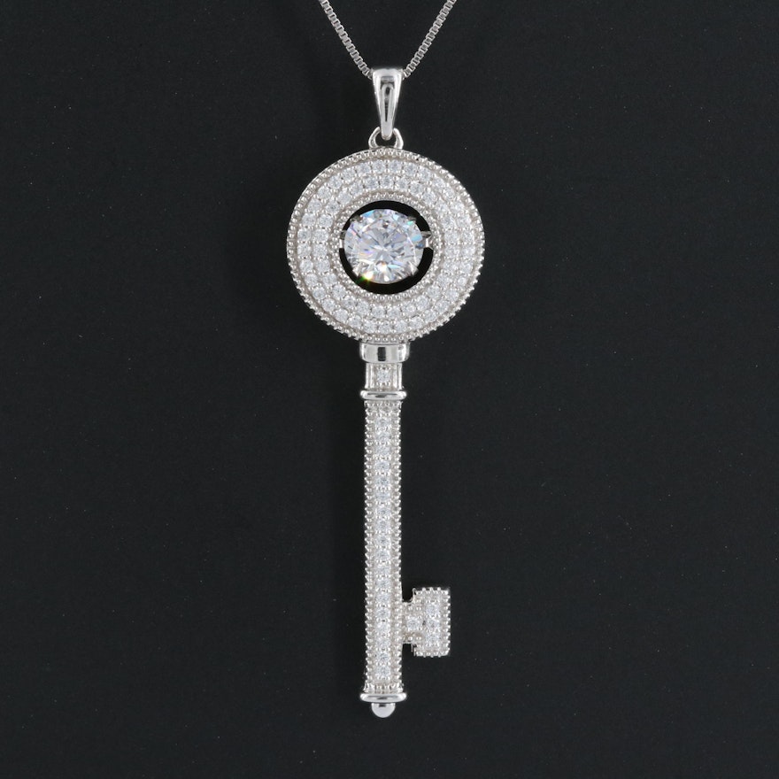 Sterling Cubic Zirconia Key Pendant Necklace with Trembler Accent