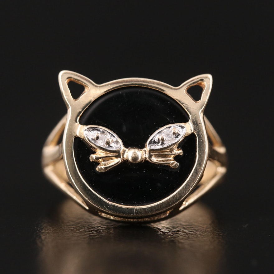 10K Black Onyx and Diamond Cat Ring