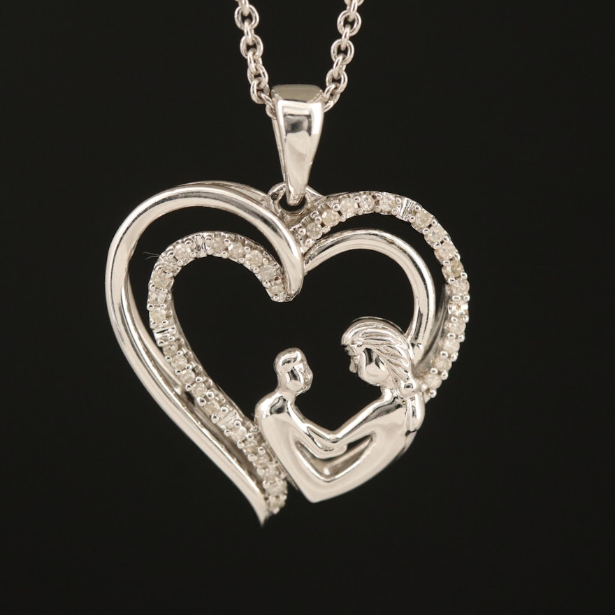 Sterling Diamond Mother and Child Heart Pendant Necklace