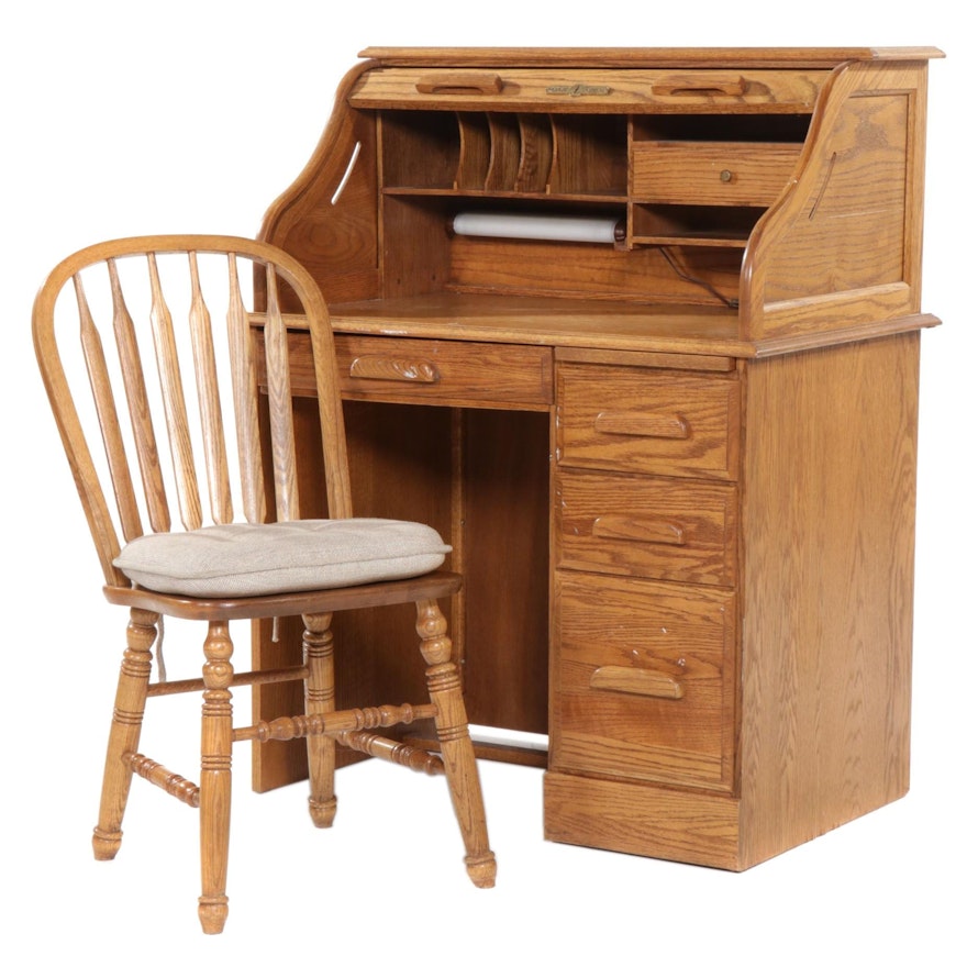 Oak Crest Victorian Style Oak Roll-Top Desk with Chair, Late 20th Century