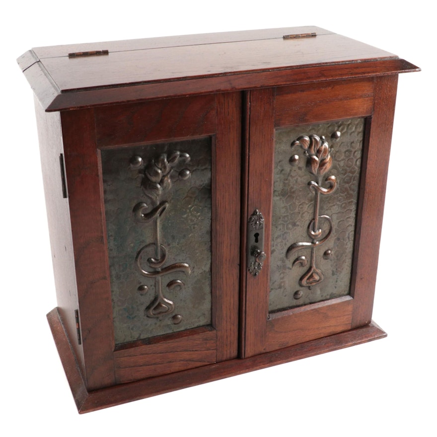 Wooden Storage Valet with Floral Motif Embossed Metal Front, Late 20th Century