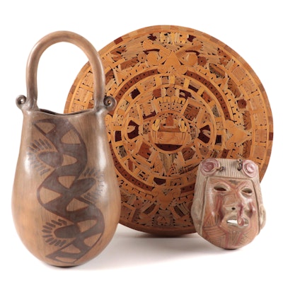 Hand-Crafted Aztec Style Mixed Woods Wall Calendar with Ceramic Mask and Vase