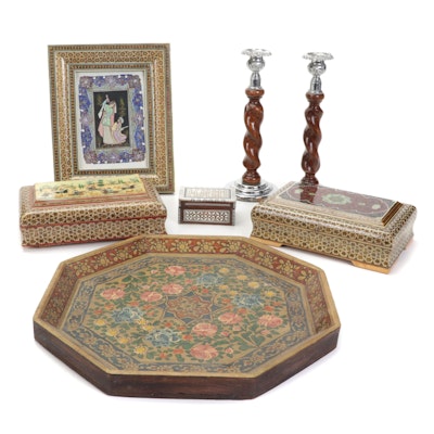 Indo-Persian Inlaid Boxes and Picture Frame with Other Tray and Candlesticks