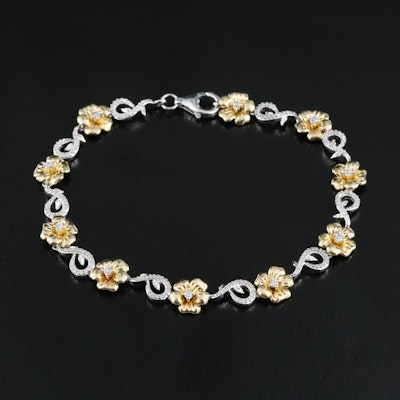 Sterling Diamond Floral Link Bracelet