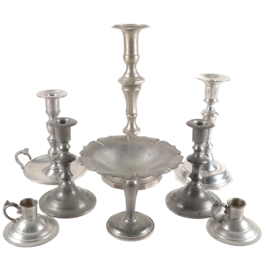 John Somers and Other Pewter Candlesticks and Compote
