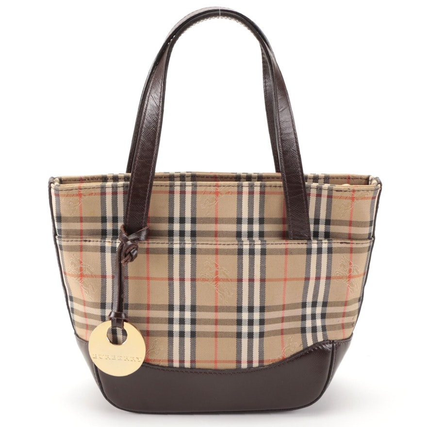 Burberry Small Tote Bag in Haymarket Check Canvas and Cross-Grain Leather Trim