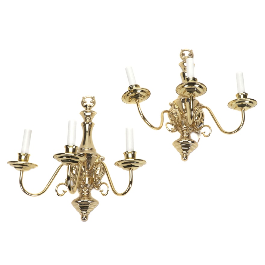 Regency Style Lacquered Brass Scroll Three-Arm Candlestick Wall Sconces