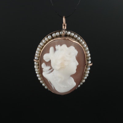 Antique 10K Shell and Seed Pearl Pendant