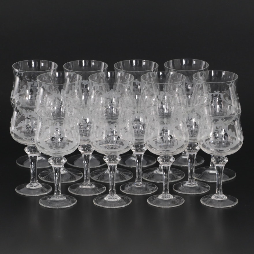 Etched Sherry and Wine Glasses, Early to Mid 20th Century