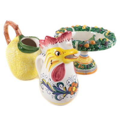 Deruta Chicken Form Ceramic Pitcher with Other Italian Majolica Serveware