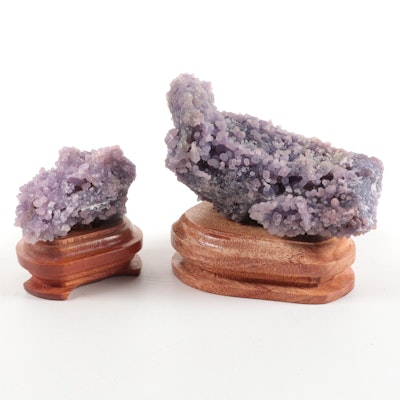 Pair of Grape Agate Amethyst Cluster Specimens on Wooden Stands