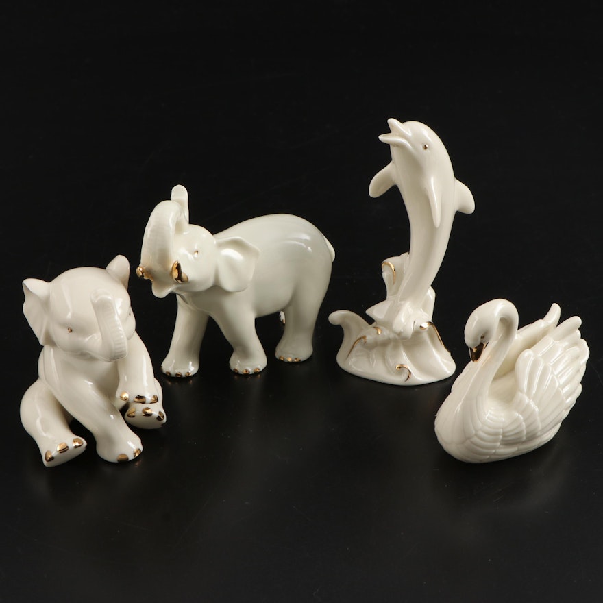 Lenox Bone China Elephant, Swan, and Dolphin Figurines, Late 20th Century