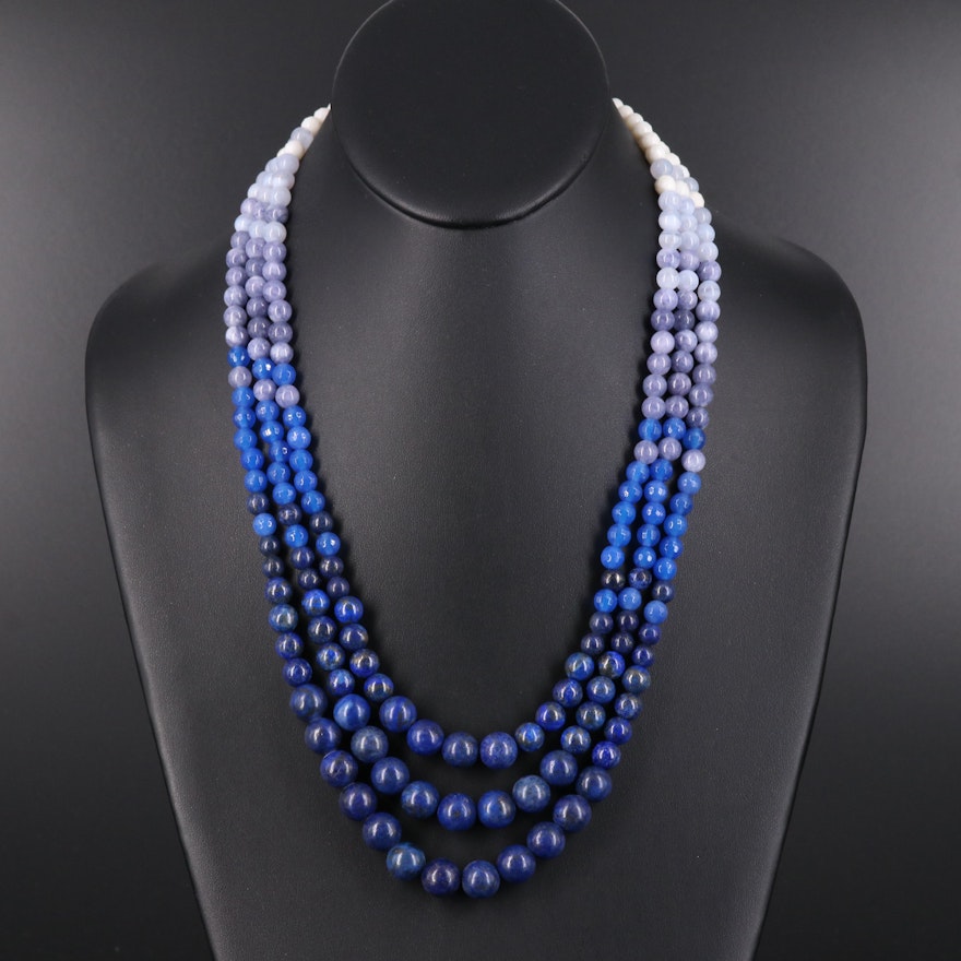 Graduated Lapis Lazuli and Gemstone Triple-Strand Necklace with Sterling Clasp