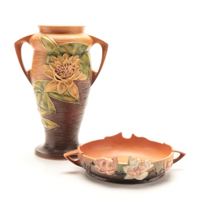 Roseville Pottery Water Lily Vase with Magnolia Console Bowl