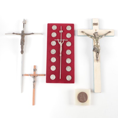Wood and Metal Crucifixes with Madonna and Child Icon
