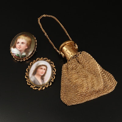 Vintage and Antique Porcelain Portrait Brooches with West German Coin Purse