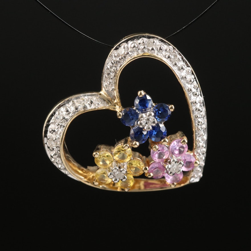 10K Sapphire and Diamond Floral Heart Pendant