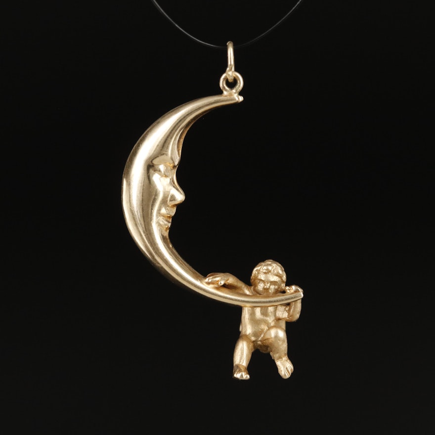 14K Crescent Moon with Angel Pendant