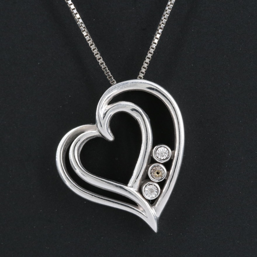 Sterling Diamond Bezel Slide Heart Pendant Necklace