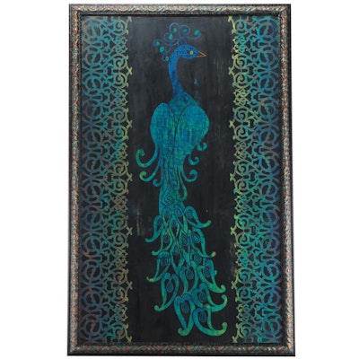 Large-Scale Abstract Mixed Media Painting of Peacock, Late 20th Century