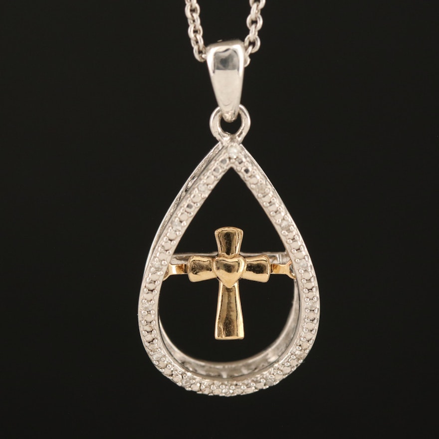 Sterling and Gold Plate Diamond Articulating Cross Trembler Pendant Necklace