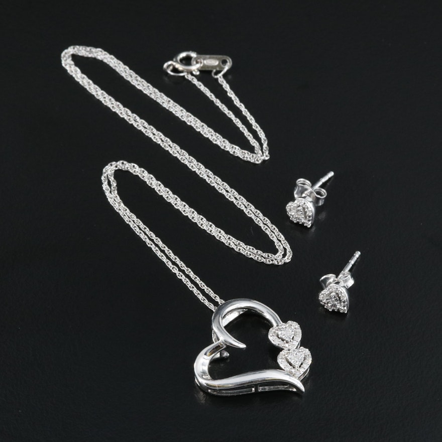 Sterling Diamond Heart Pendant Necklace and Heart Stud Earrings