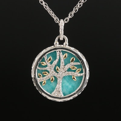 Sterling Amazonite and Diamond Tree of Life Necklace with 14K Accents