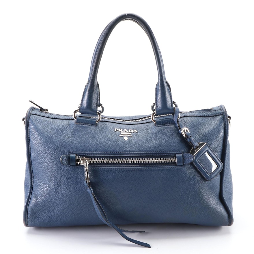 Prada Zippered Two-Way Bag in Blue Vitello Daino Leather