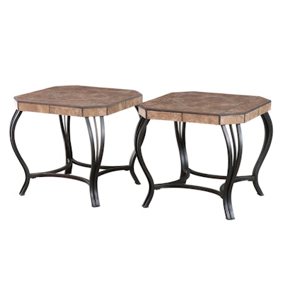 Pair of Bronze-Finished Metal and Ceramic Tiled Top End Tables