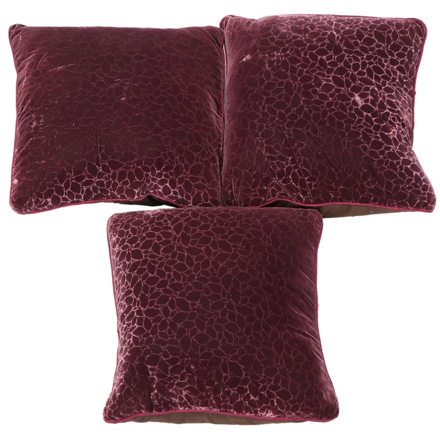 Three Feather Pillows with Embossed Velvet Slip-Coverings
