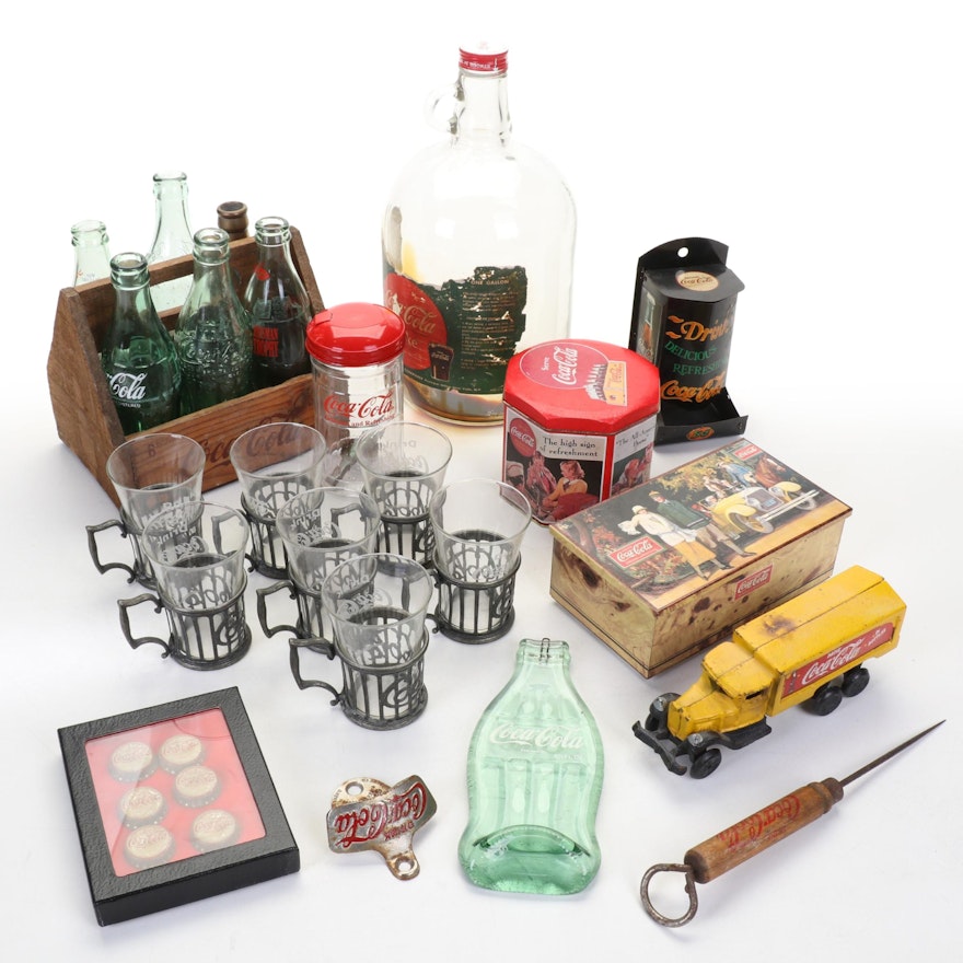 Coca-Cola Glass Bottles, Jug, Tins and Other Advertising Memorabilia