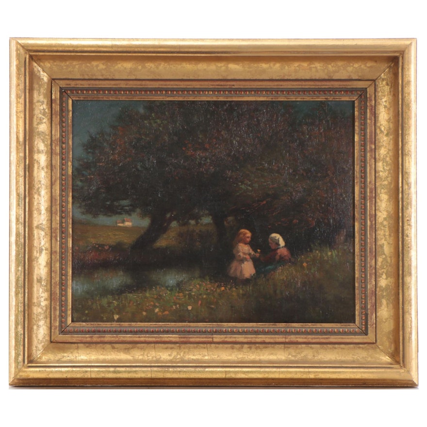 Bucolic Landscape Oil Painting of Mother and Child Picking Flowers