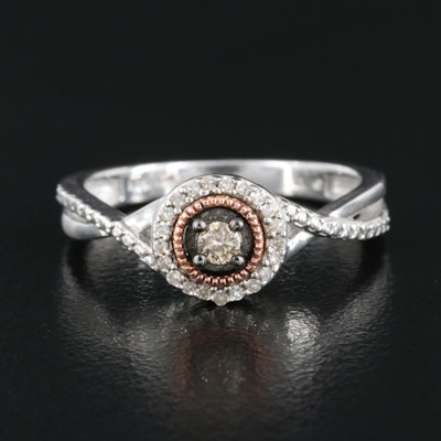 Sterling Diamond Ring with Crossover Shoulders and 10K Rose Gold Accent