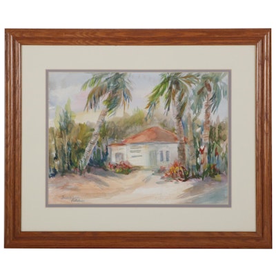 Giovanna Patalano Watercolor Painting of Tropical Cottage, Circa 2000