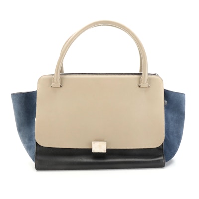 Céline Large Trapeze Double Zipper Shoulder Bag in Tricolor Leather and Suede
