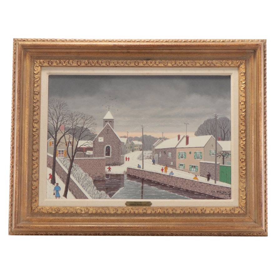 Charles Lucien Pincon Winter City Scene  Oil Painting "Bennerville"