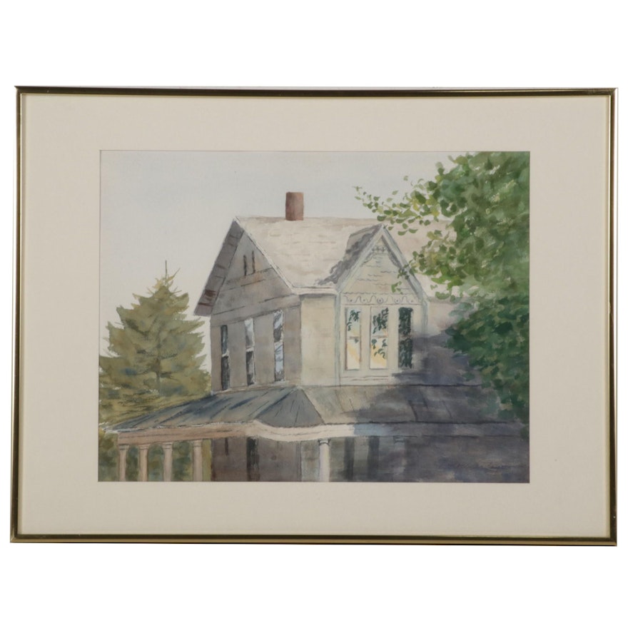 Dolores Antigo Watercolor Painting of Two-Story House, Late 20th-21st Century
