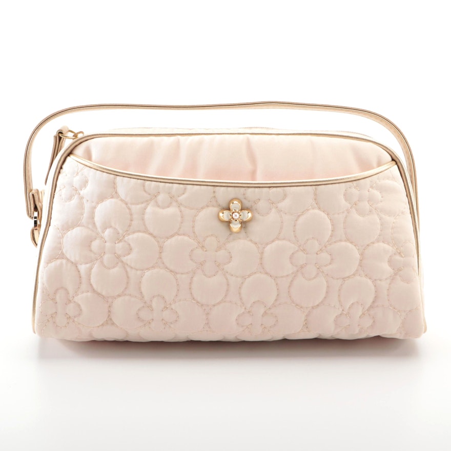Mikimoto Floral Quilted Fabric Zip Pouch with Cultured Pearl Accent and Box