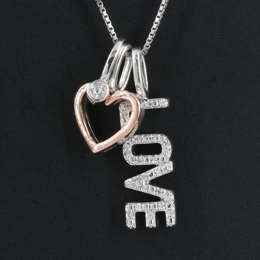 Sterling Diamond "Love" and Heart Pendant Necklace with 10K Accent