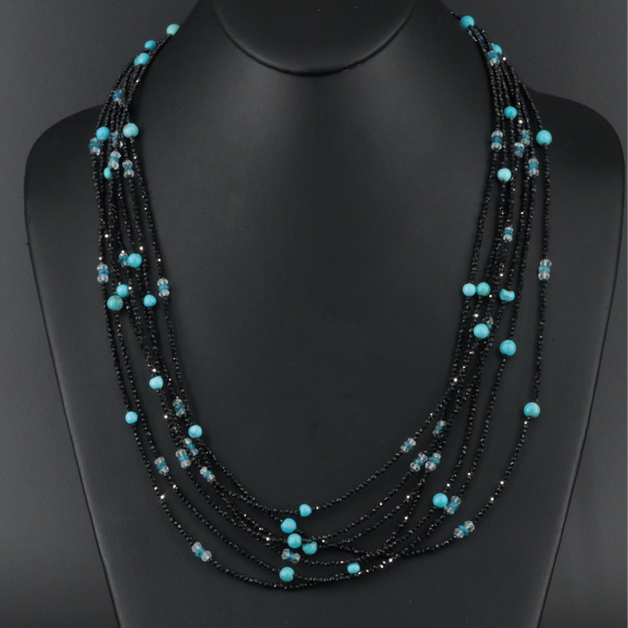 Sterling Black Spinel, Turquoise and Aquamarine Multi-Strand Beaded Necklace