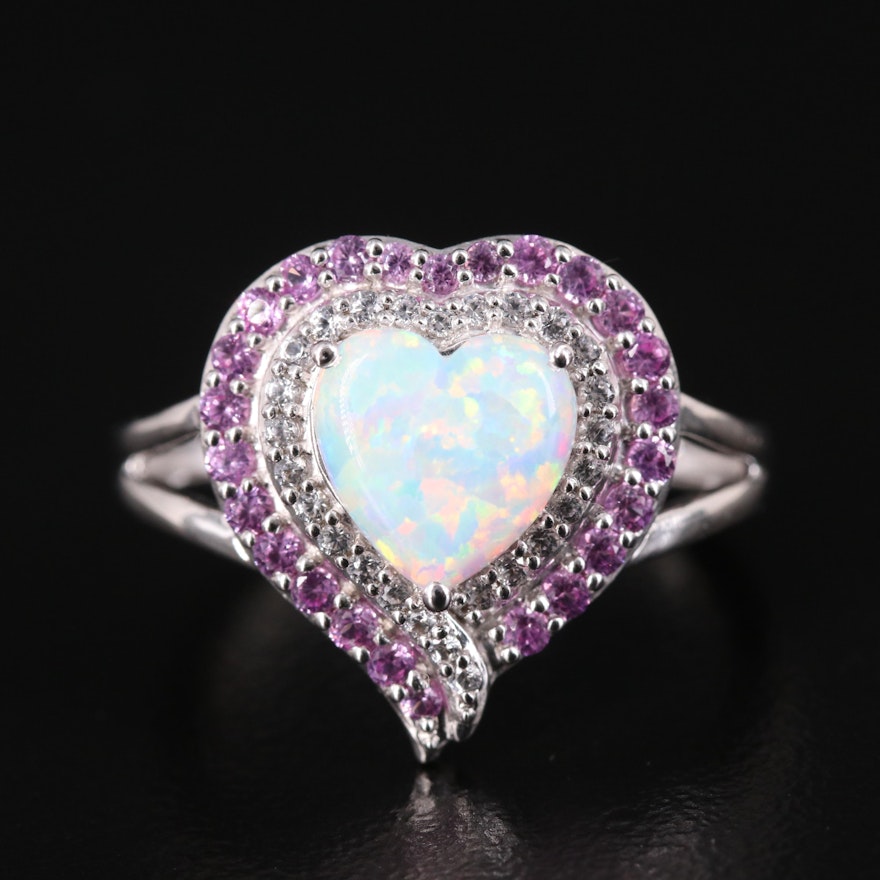 Sterling Opal and Sapphire Heart Ring