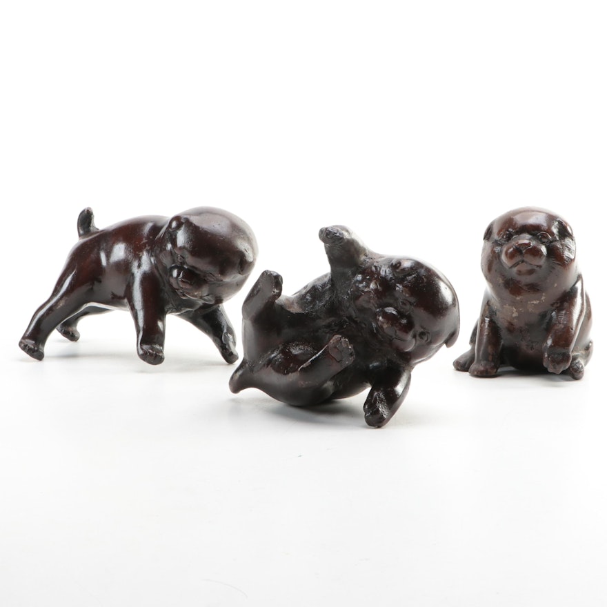 Patinated Metal Tumbling Puppy Figurines