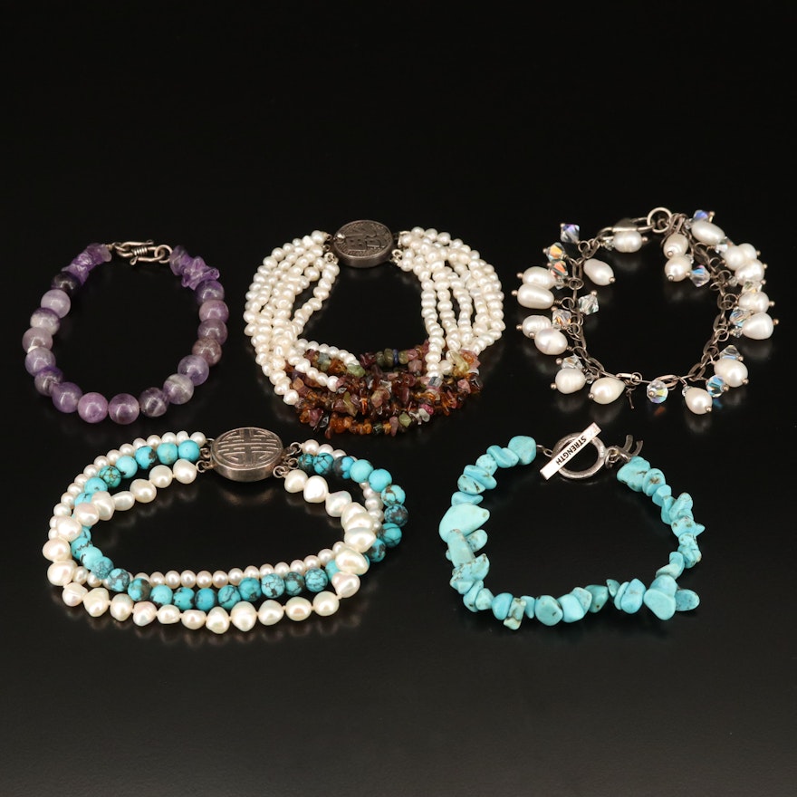Sterling Beaded Bracelet Selection with Amethyst, Tourmaline and Pearl