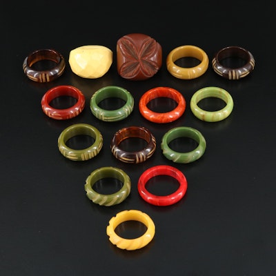 Bakelite Rings Featuring Carved, Marbled and Root Beer
