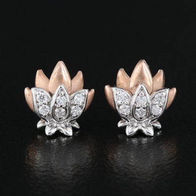 Sterling Diamond Lotus Stud Earrings with 10K Rose Gold Accents