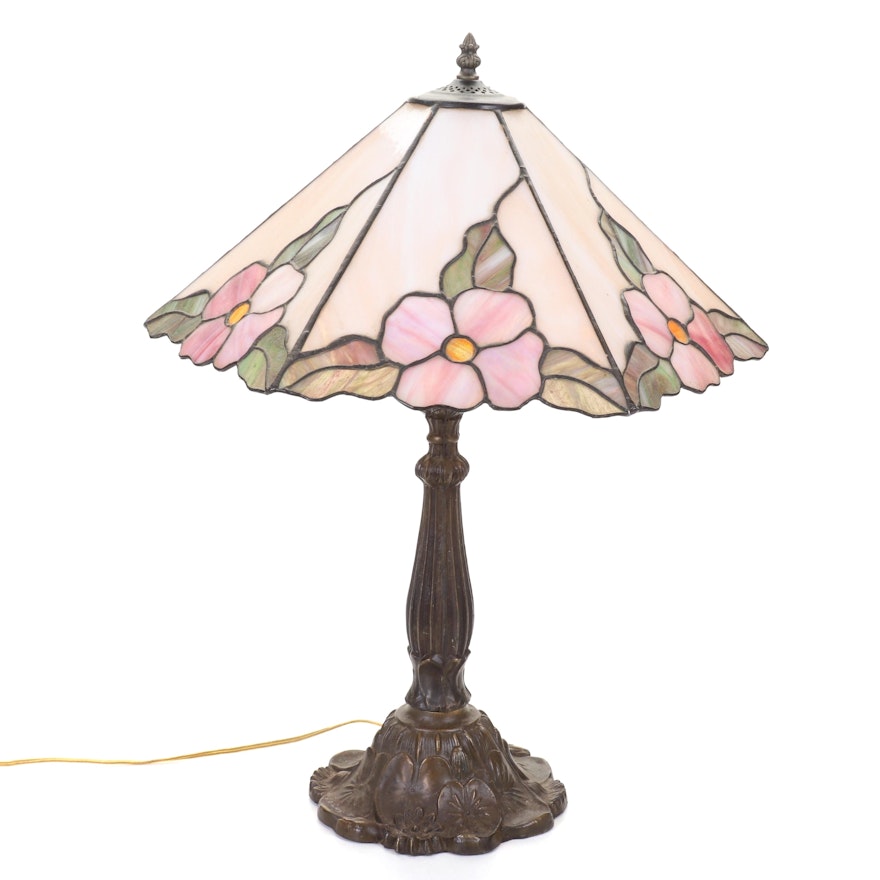 Floral Slag Glass and Cast Metal Table Lamp, Late 20th Century