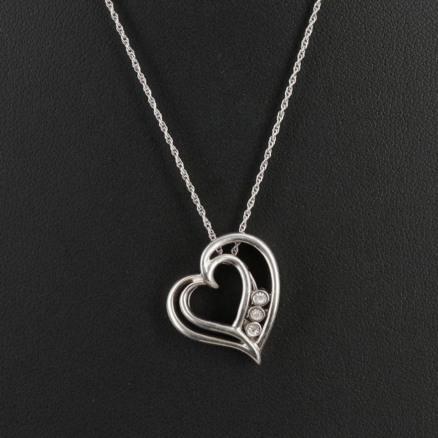 Sterling Diamond Bezel Slide Heart Pendant Necklace