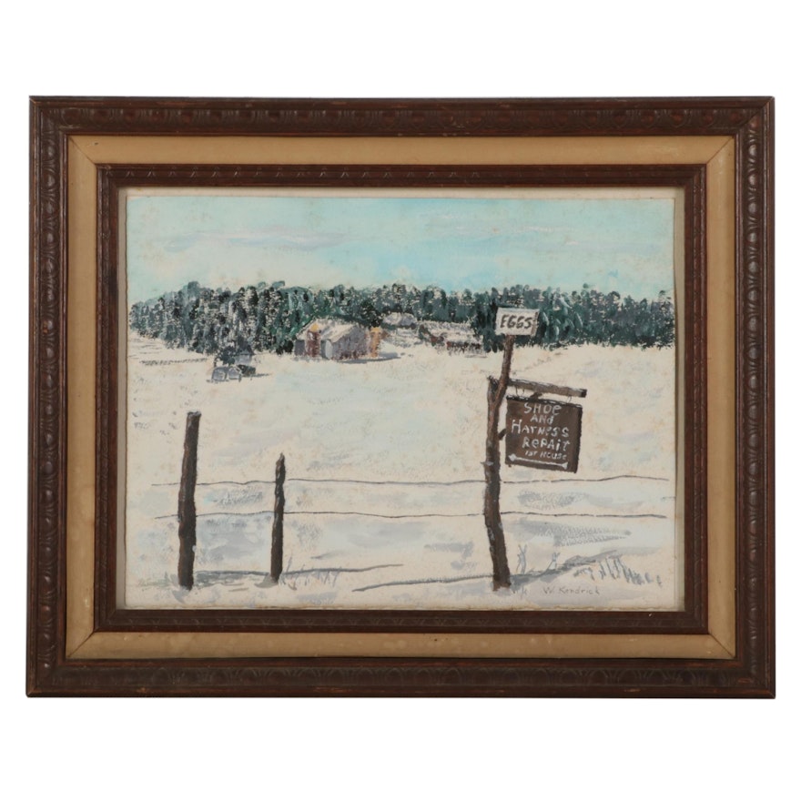 W. Kendrick Watercolor Painting of Ferrier Sign in Winter, Mid-Late 20th Century