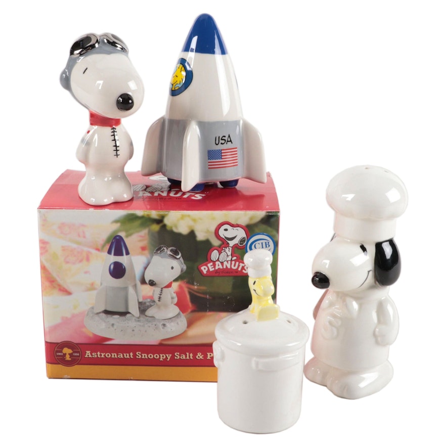 Vandor "Astronaut Snoopy" Shaker Set with Other "Snoopy" and "Woodstock" Shakers