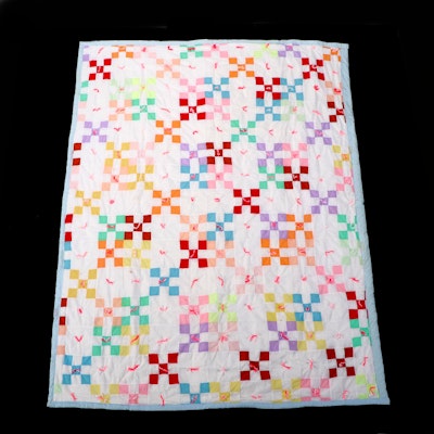 Handmade and Hand-Tied "Irish Chain Nine Patch" Variant Pieced Quilt